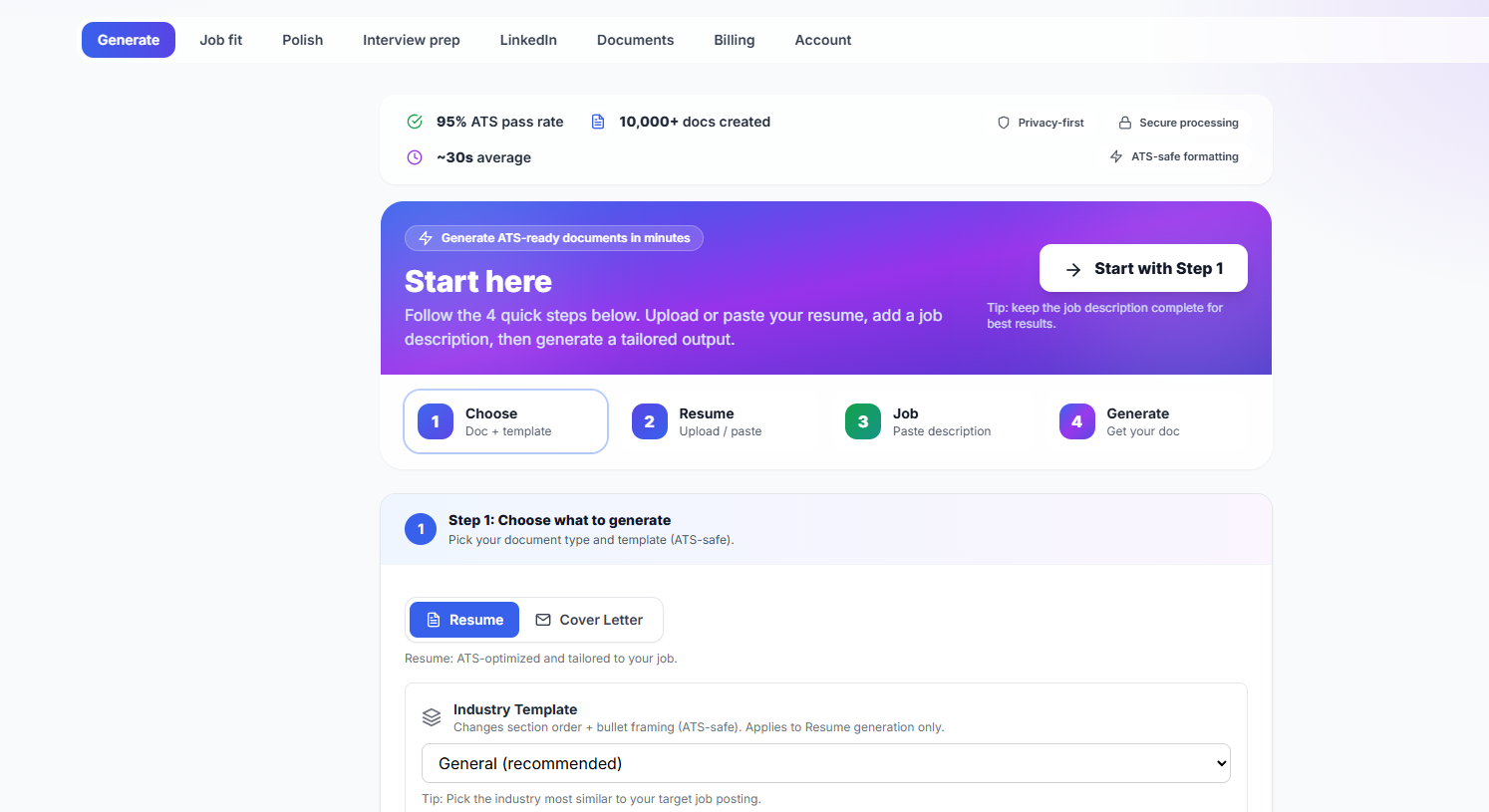 CareerGuru AI dashboard — start a new resume